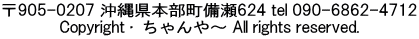 〒905-0207 沖縄県本部町備瀬624 tel 090-6862-4712 Copyright © ちゃんや～ All rights reserved.